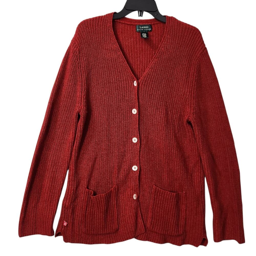 VTG RALPH LAUREN RED CARDIGAN WOMENS XL LONG LINE 100% COTTON HOLIDAY PREPPY 90S